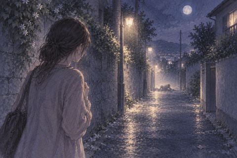 夜の路地で倒れる影を遠くから見て立ち止まる人物