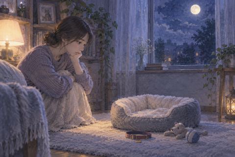 夜の部屋で空のペットベッドを見つめる人物