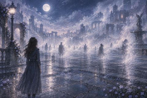夜の広場で大勢の人影が霧へ溶けていくのを見つめる人物