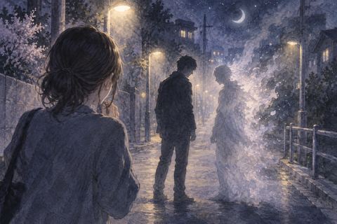 夜の路上で二人の人影を目の前にして立ちすくむ人物