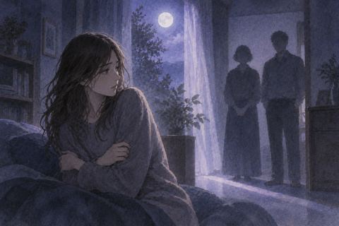 夜の室内で家族の影を前に戸惑う人物