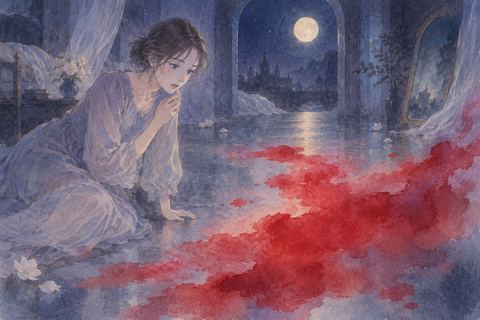 夢の中で赤い水彩のにじみに驚く人物