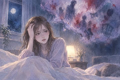 夜に目を覚まし夢の断片を思い出して顔をしかめる人物