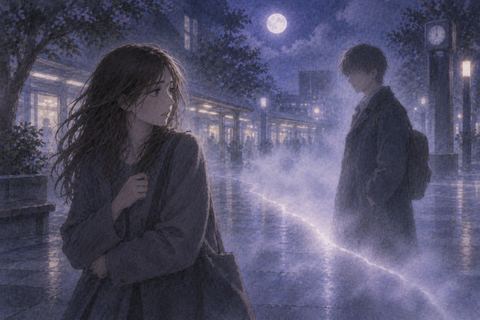 夜の駅前で友人と距離が開いていく人物