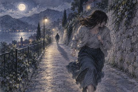 夜道を逃げる人物と遠くから迫る暗い人影