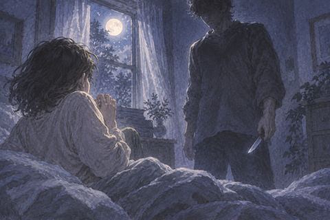 夜の室内で刃物を持つ人影と距離を取る人物