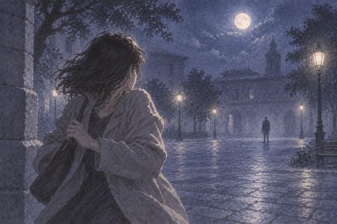 夜の広場で遠くの人影に気づいて振り返る人物