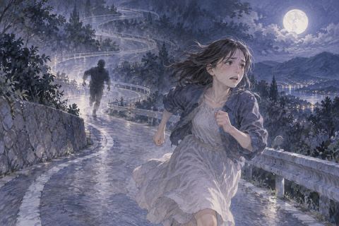 曲がりくねった夜道を走り続ける人物と迫る人影