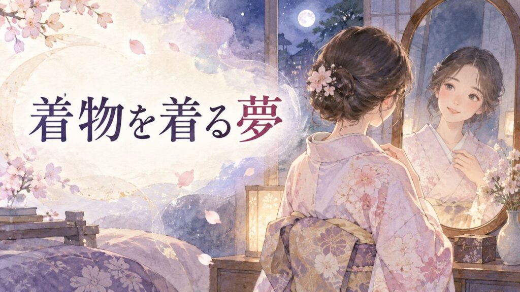 夜の部屋で着物姿の自分を鏡に映す女性
