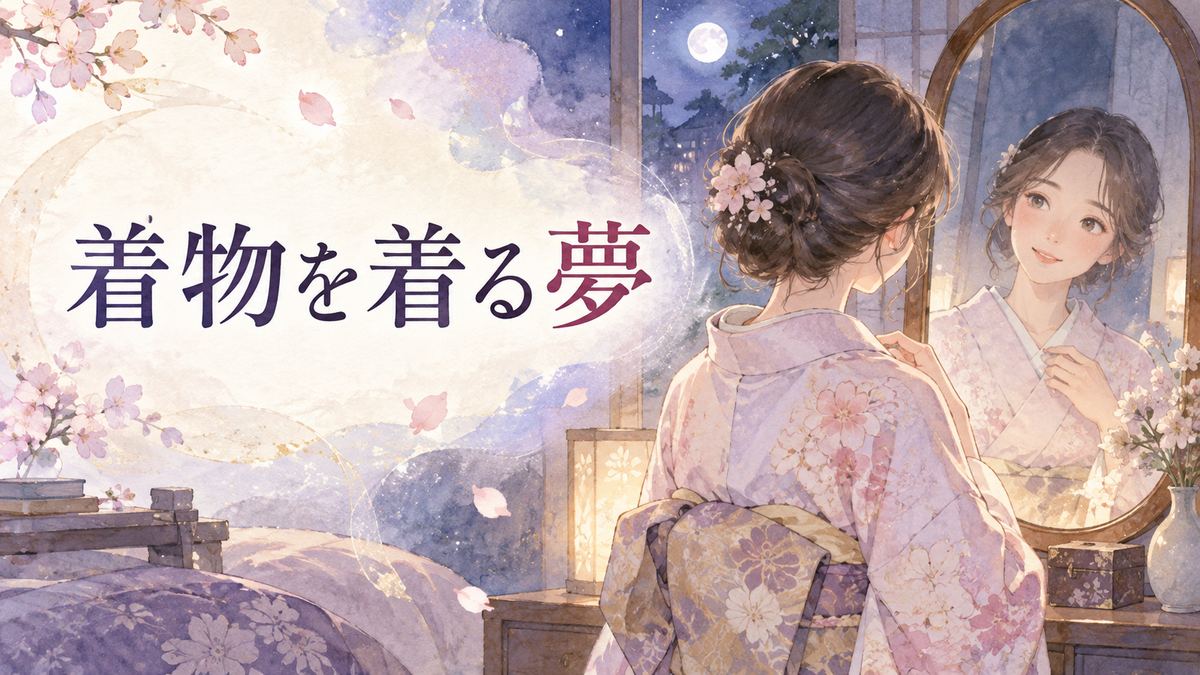 夜の部屋で着物姿の自分を鏡に映す女性