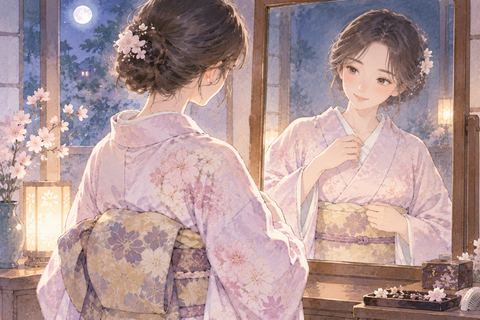 鏡の前で自分で着物を整える女性