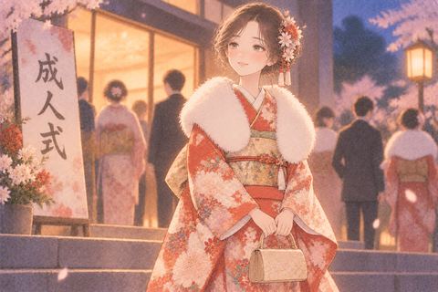 成人式の晴れ着姿で前を向く女性