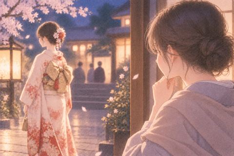 着物姿の人を少し離れて見つめる女性