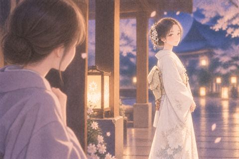 白い着物姿の人を静かに見つめる女性