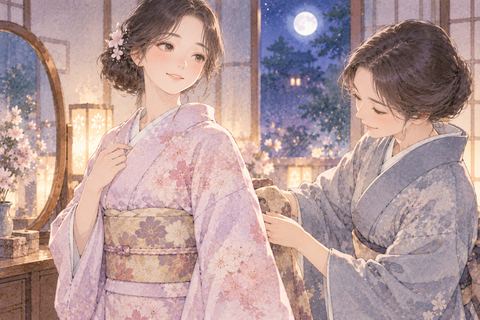 着付けをしてもらい安心した表情の女性