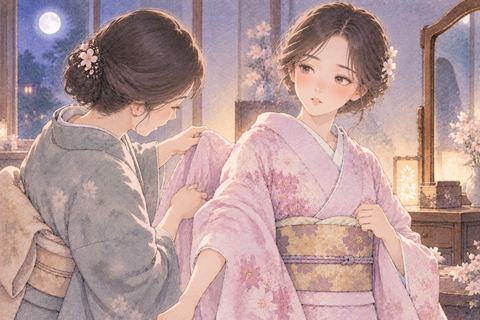 人に着物を着せてもらう女性