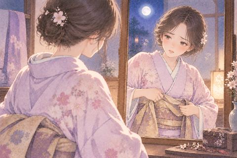 ほどけた帯を前に困っている女性