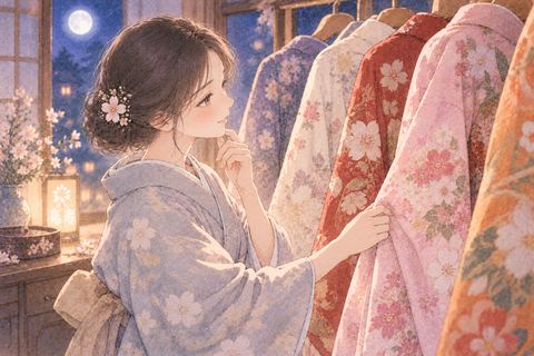 並んだ着物から一着を選ぶ女性
