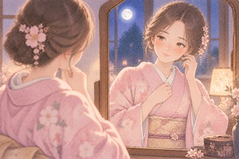 淡いピンクの着物を着て微笑む女性