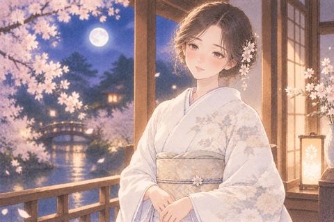 白い着物をまとい静かに佇む女性