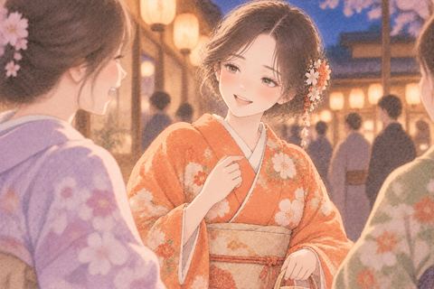 オレンジの着物で楽しそうに笑う女性
