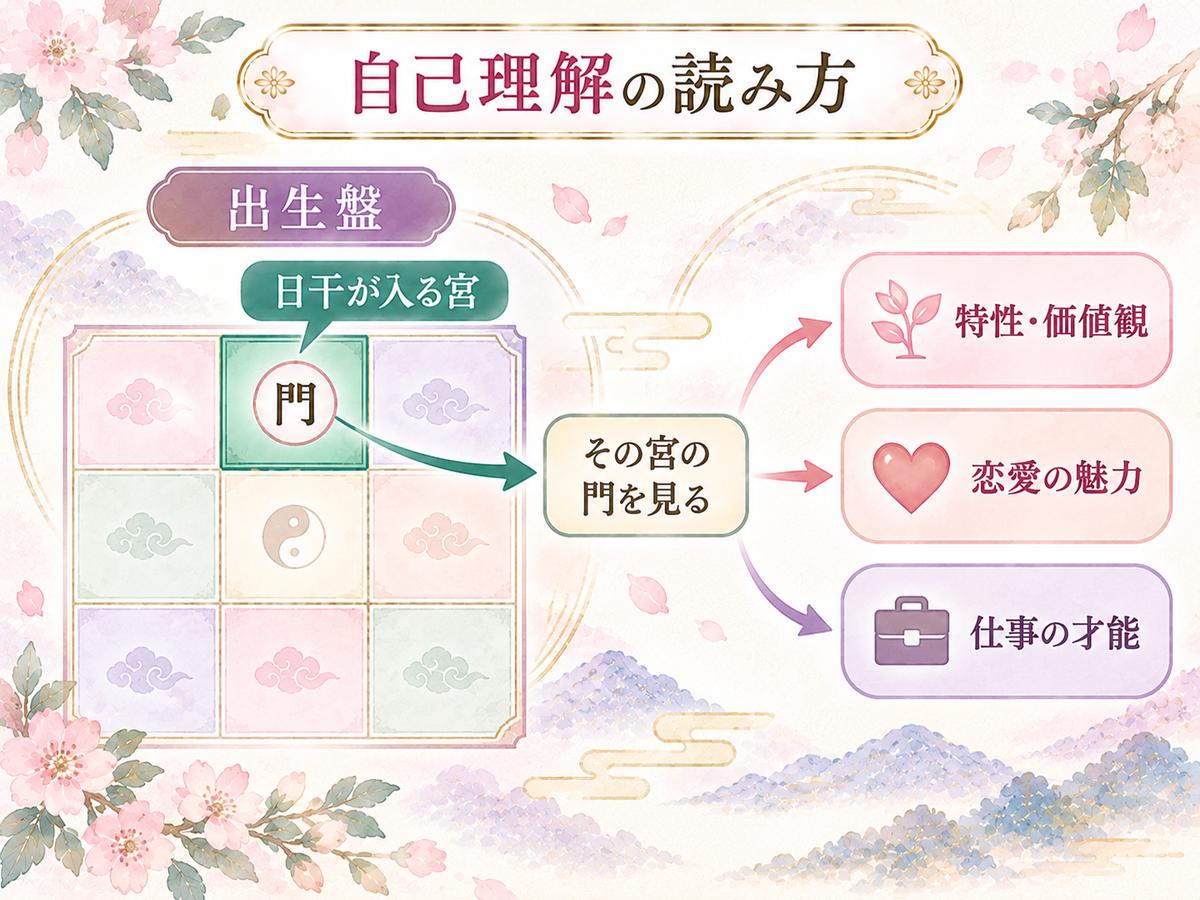 出生盤の中で日干が入る宮を見つけ、その宮の門から自己理解の結果を読む流れを示した図