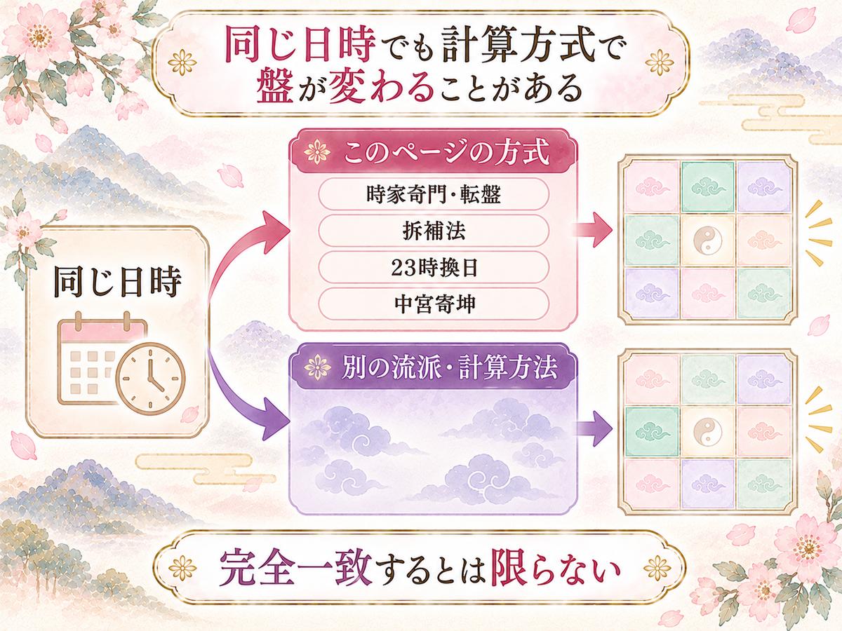 同じ日時からでも採用する奇門遁甲の計算方式によって盤の結果が異なる場合があることを示した図