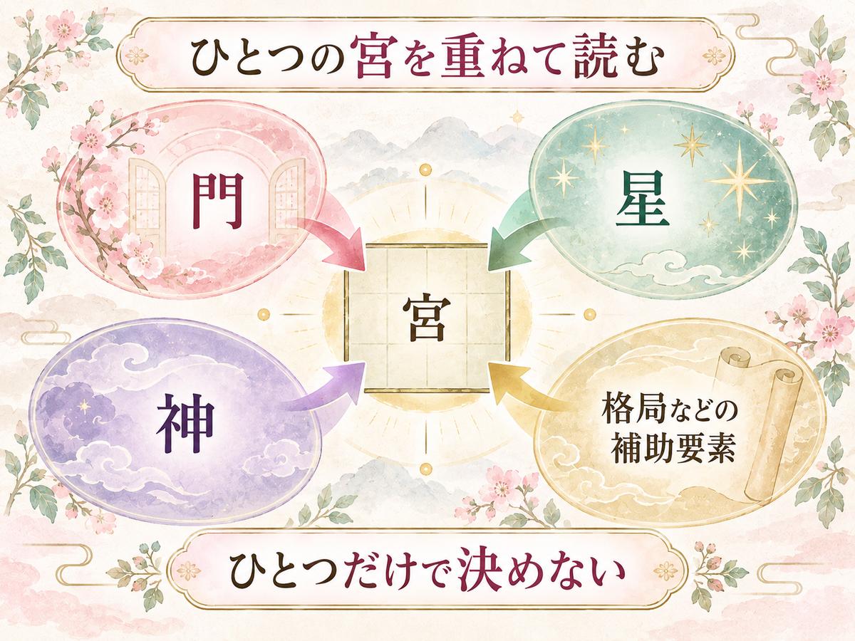 一つの宮を門・星・神と補助要素の複数の視点から読み、全体の評価につなげる奇門遁甲の図解