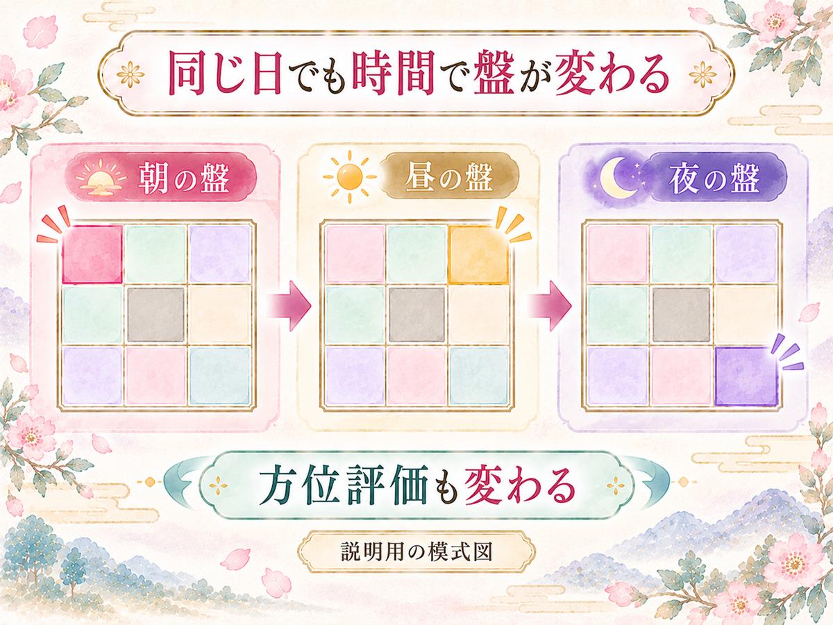 朝・昼・夜で奇門遁甲の盤とおすすめ方位が切り替わる流れを示した図