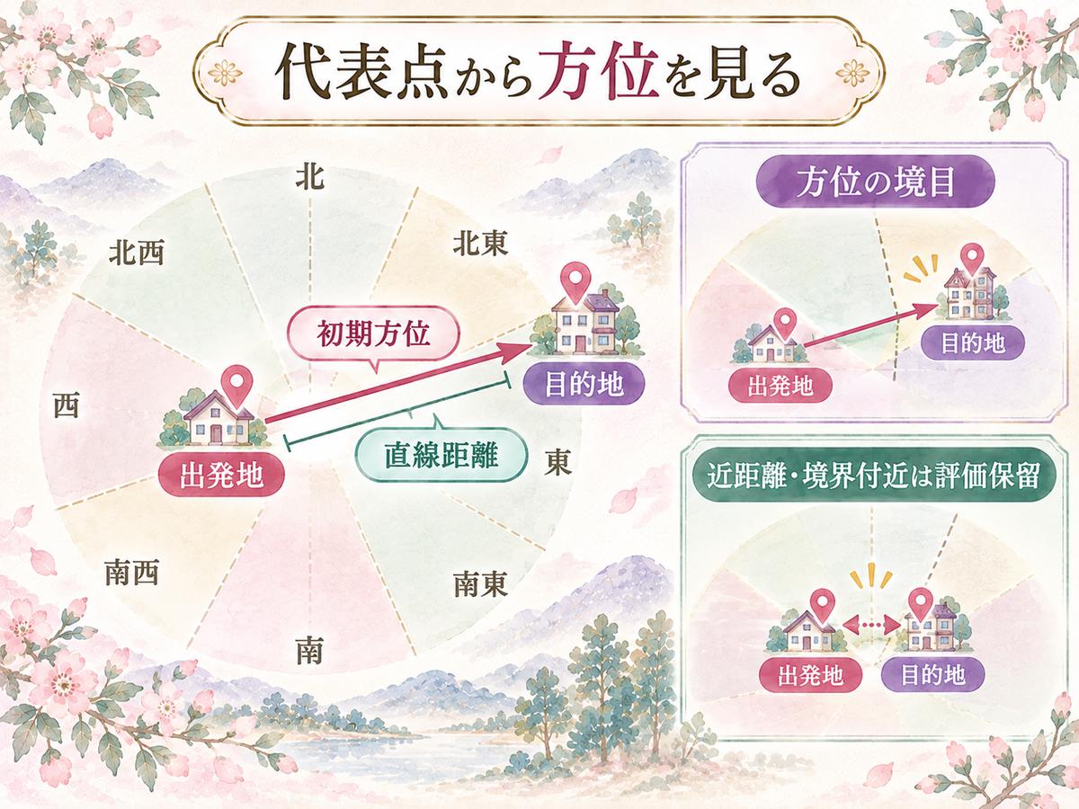 出発地と目的地の代表点を直線で結んで初期方位と距離を求め、方位境界付近や近距離では評価保留になることを示した図