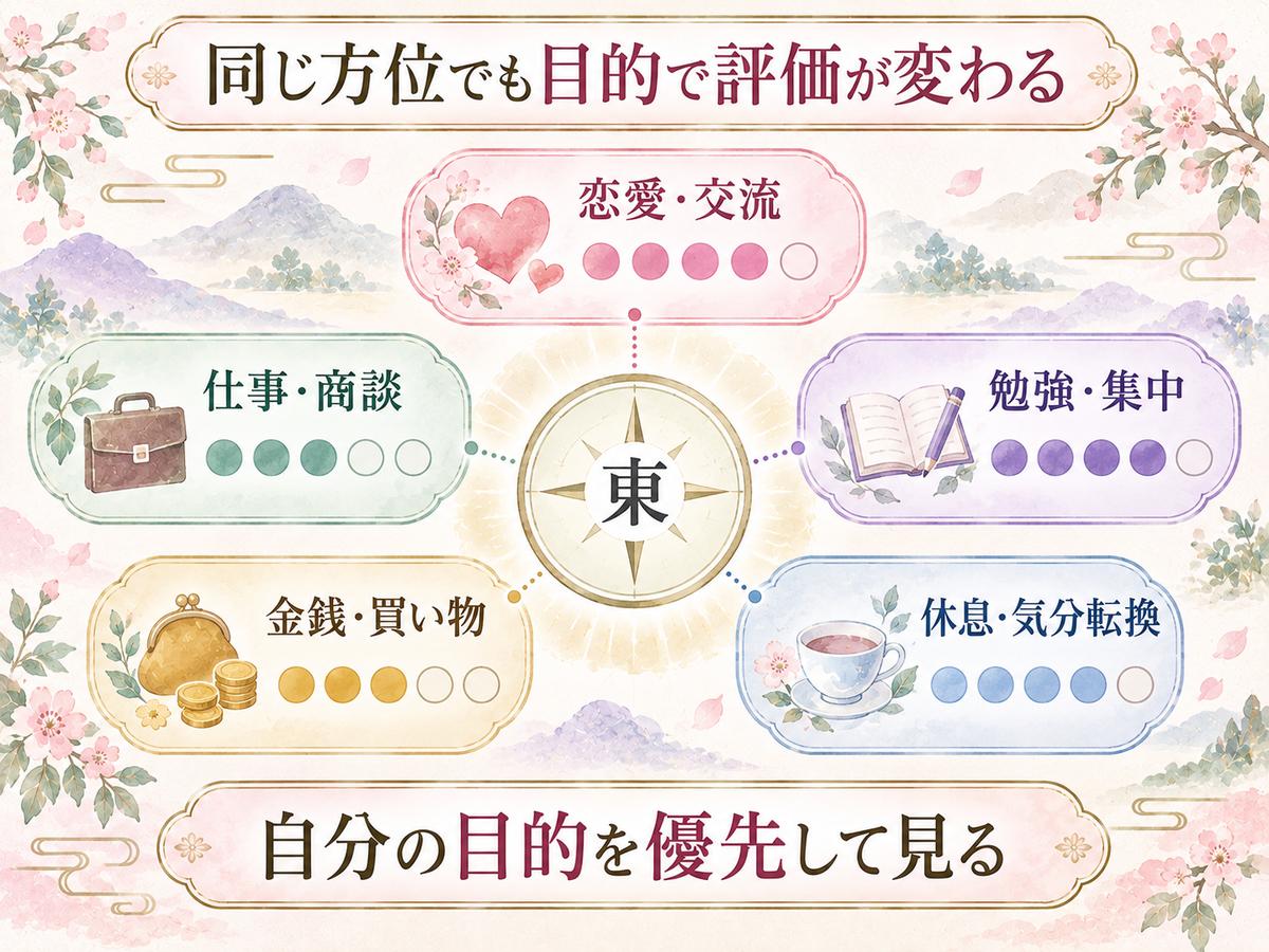 ひとつの方位に対して恋愛・仕事・勉強・金銭・休息の評価がそれぞれ異なり、目的に合う項目を見ることを示す図