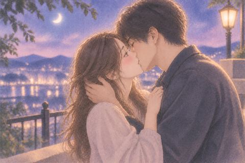 異性と向かい合い穏やかにキスする大人の二人の夢