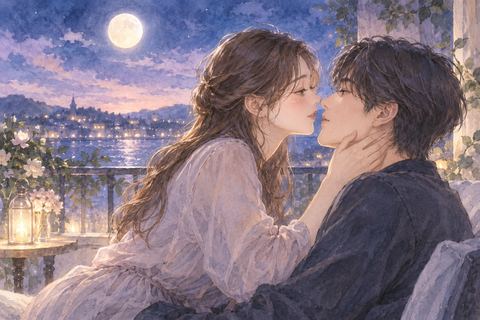 月明かりの中で女性から相手へそっと顔を近づける夢の場面