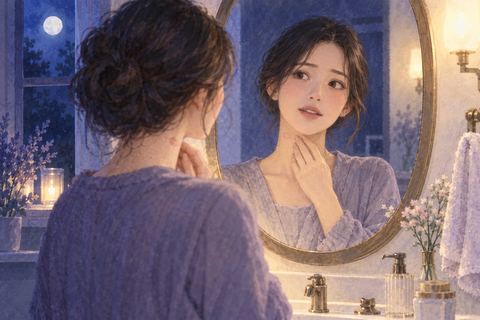 鏡で首元の淡いキスマークを確かめる女性の夢