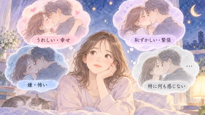 キスの夢を思い返し、うれしさ・緊張・違和感を見比べる女性の図