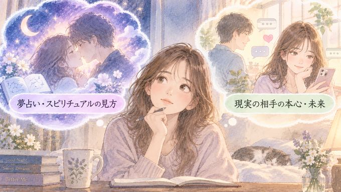 キスの夢の象徴と現実の相手とのやりとりを別々に見つめる女性の図