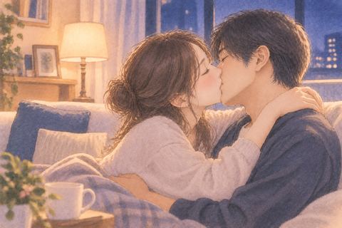 夜の部屋で夫と穏やかにキスする女性の夢