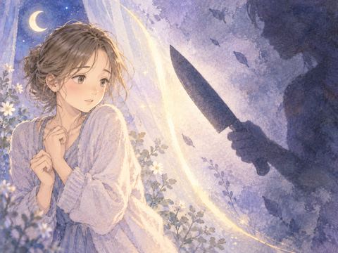 包丁の影と光の境界を見つめる女性