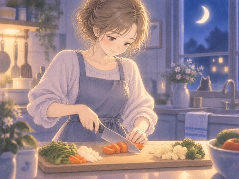 包丁で野菜を切り分ける女性の手元