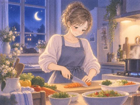 夜の台所で穏やかに料理する女性