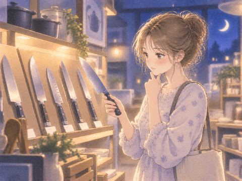 店頭で料理用包丁を選ぶ女性