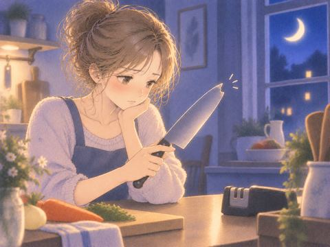刃こぼれした包丁を確かめる女性の手元