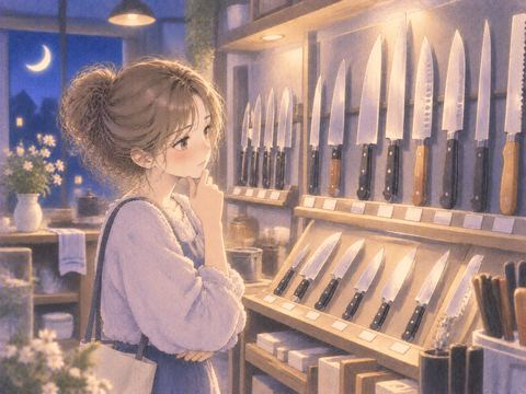 整然と並んだ複数の料理包丁を見る女性