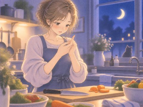 料理の手を止めて指先を確かめる女性