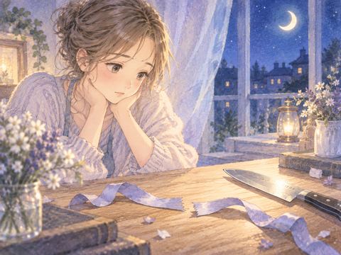 切れたリボンと包丁を見つめる女性