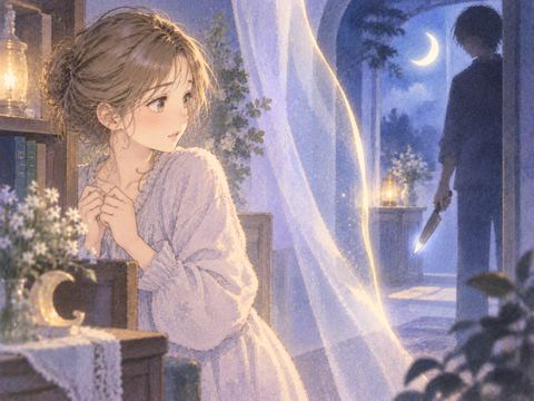 遠くの包丁と向き合う女性の夢の場面
