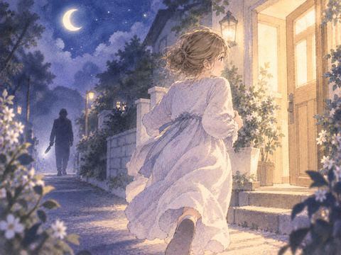 夜道で明るい場所へ向かう女性と遠い人影