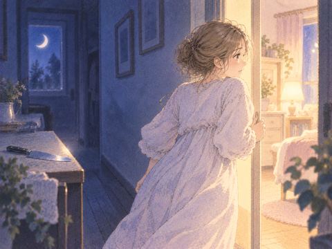 明るい部屋へ移動する女性と遠くの包丁