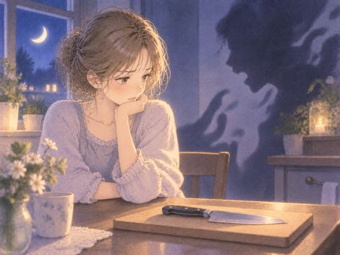包丁を置いて感情を見つめる女性の夢の場面