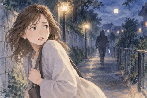 夜道で遠くの見知らぬ人影を振り返る女性